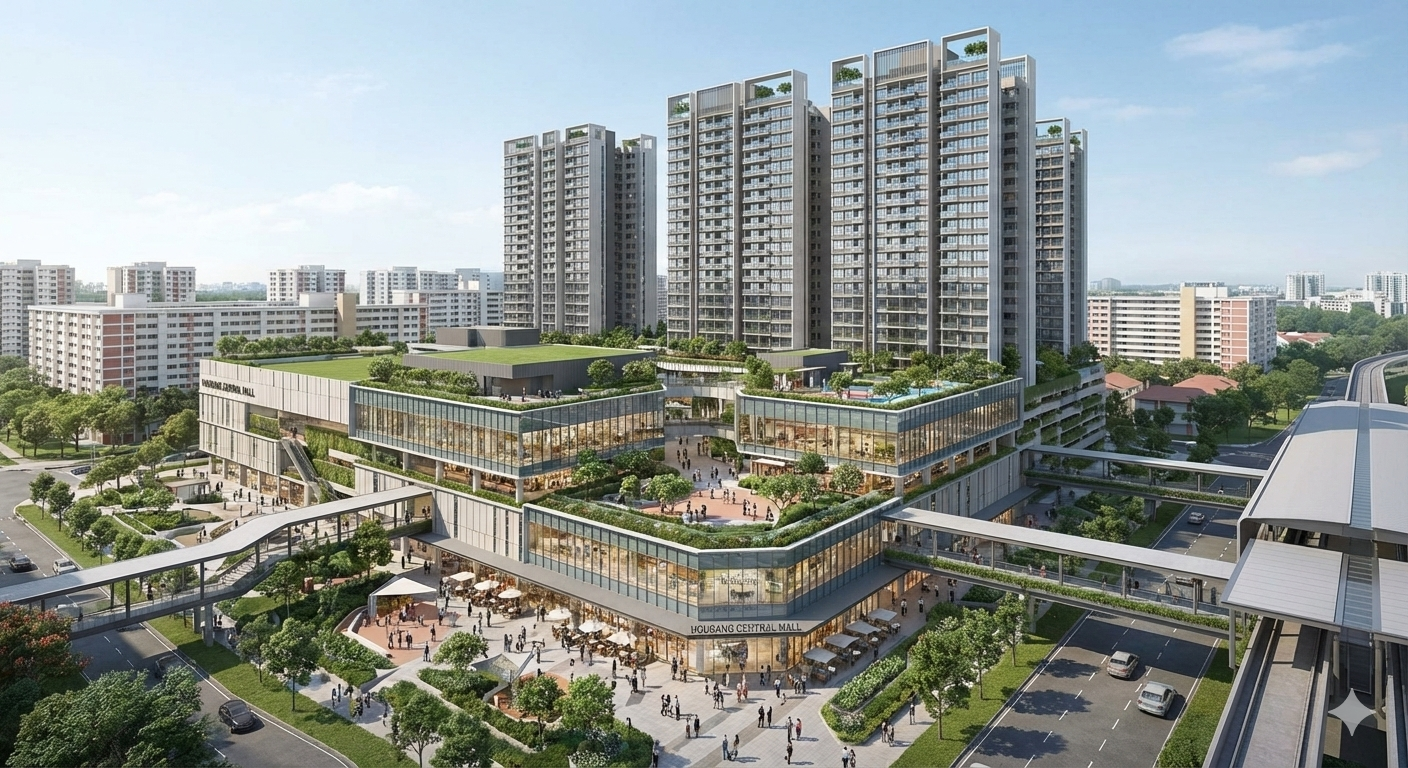 Aerial view of the Hougang neighbourhood with the MRT line and parks at golden hour