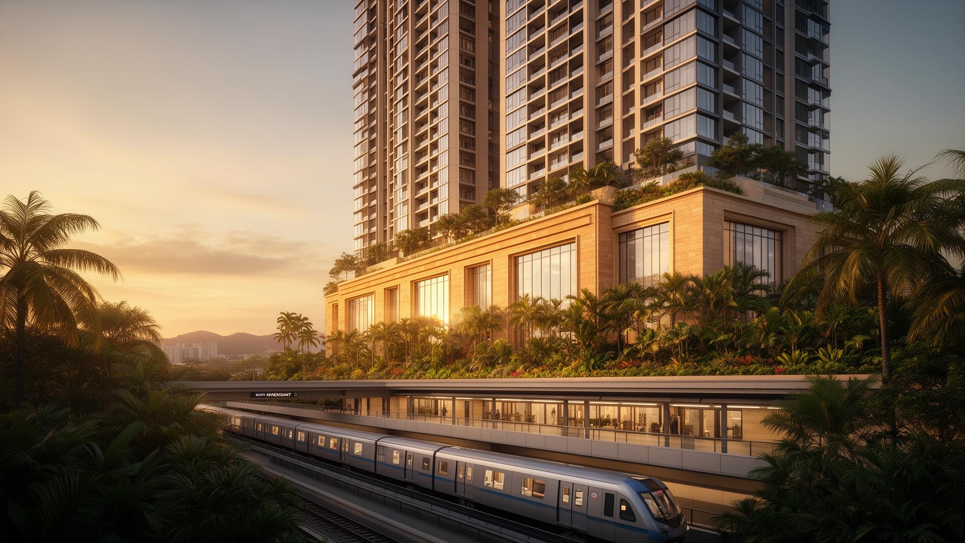 Architectural render of Hougang Central Residences at dusk, rising above Hougang MRT station