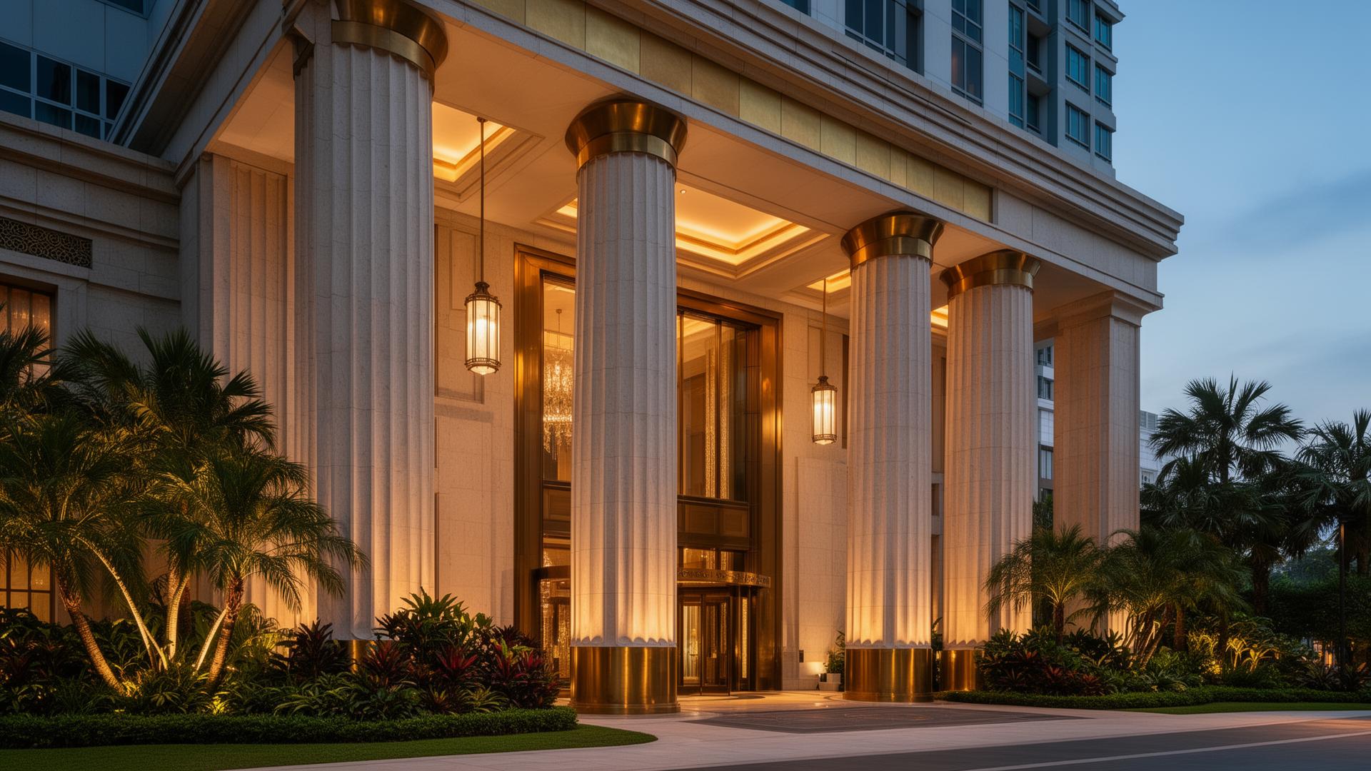 Editorial photograph of a luxury integrated development entrance at dusk