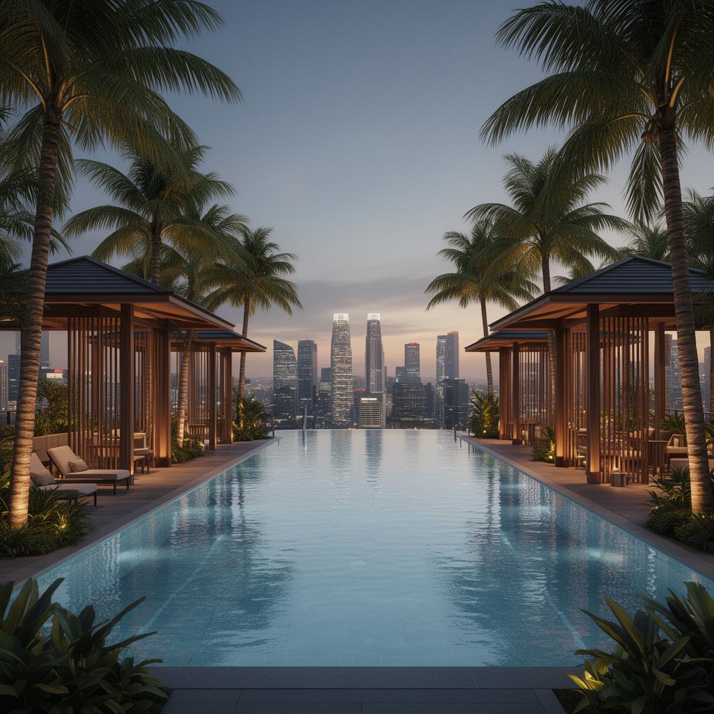 Infinity lap pool on sky deck framed by tropical pavilions