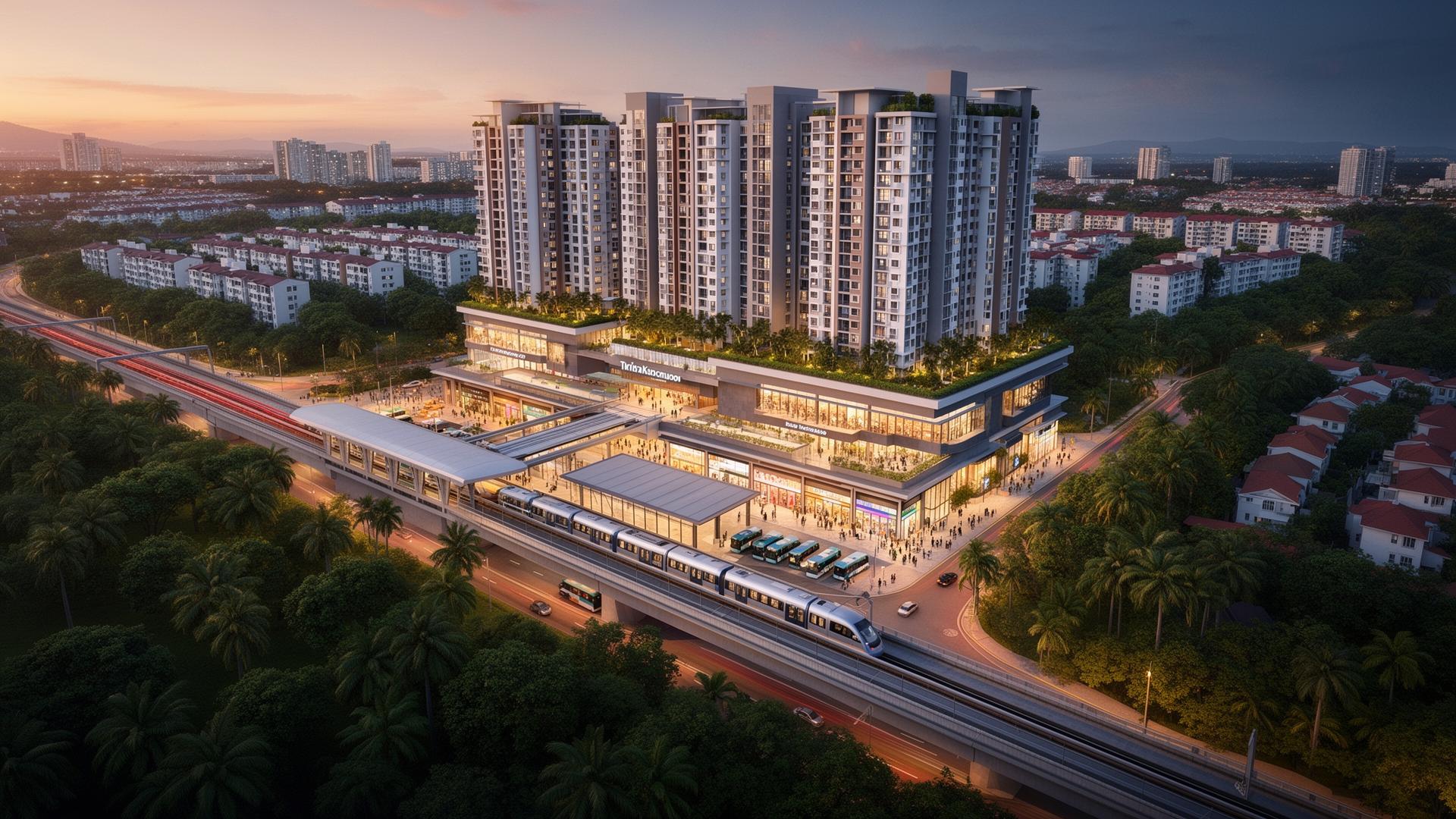 Aerial dusk render of Hougang Central Residences with MRT station, bus interchange and retail podium
