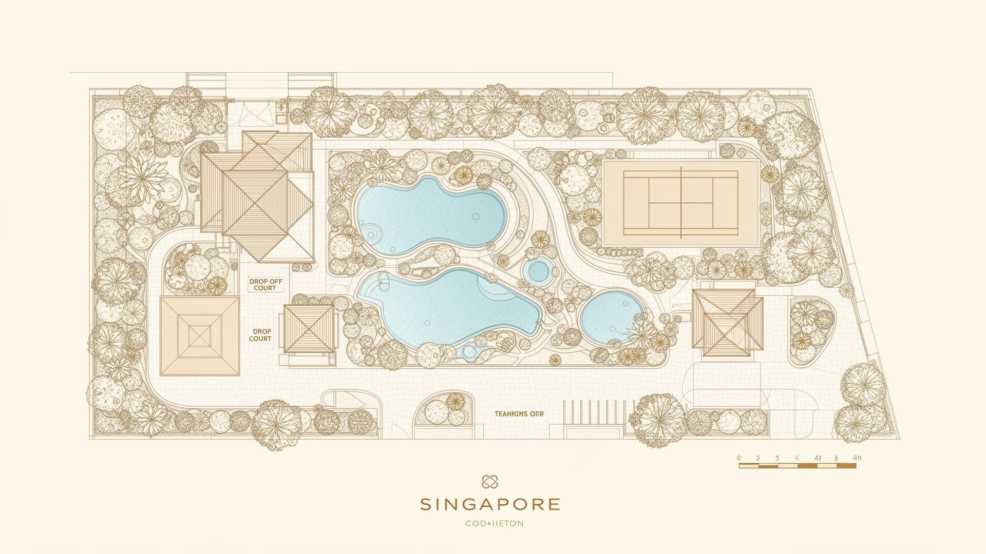 Illustrated site plan of landscape, pools and pavilions