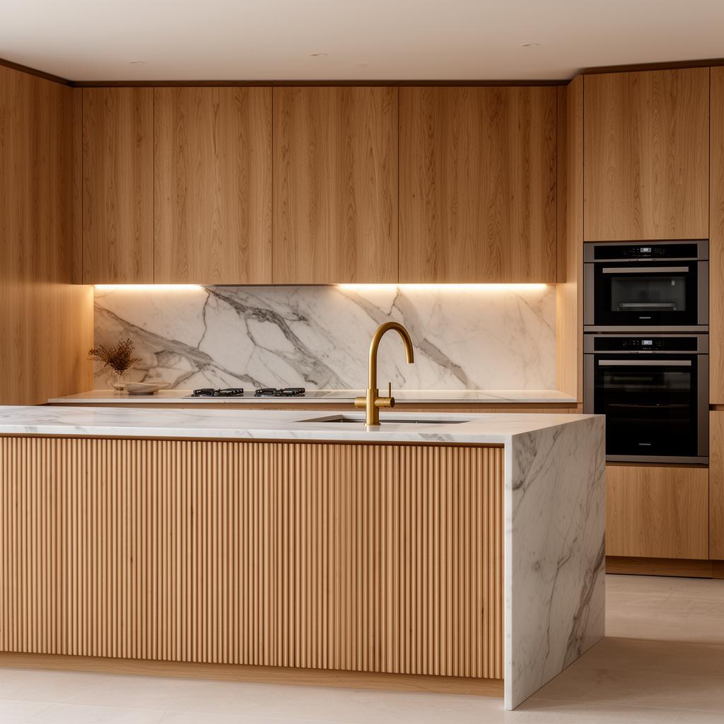 Artist's impression of a kitchen with fluted oak cabinetry and a stone island